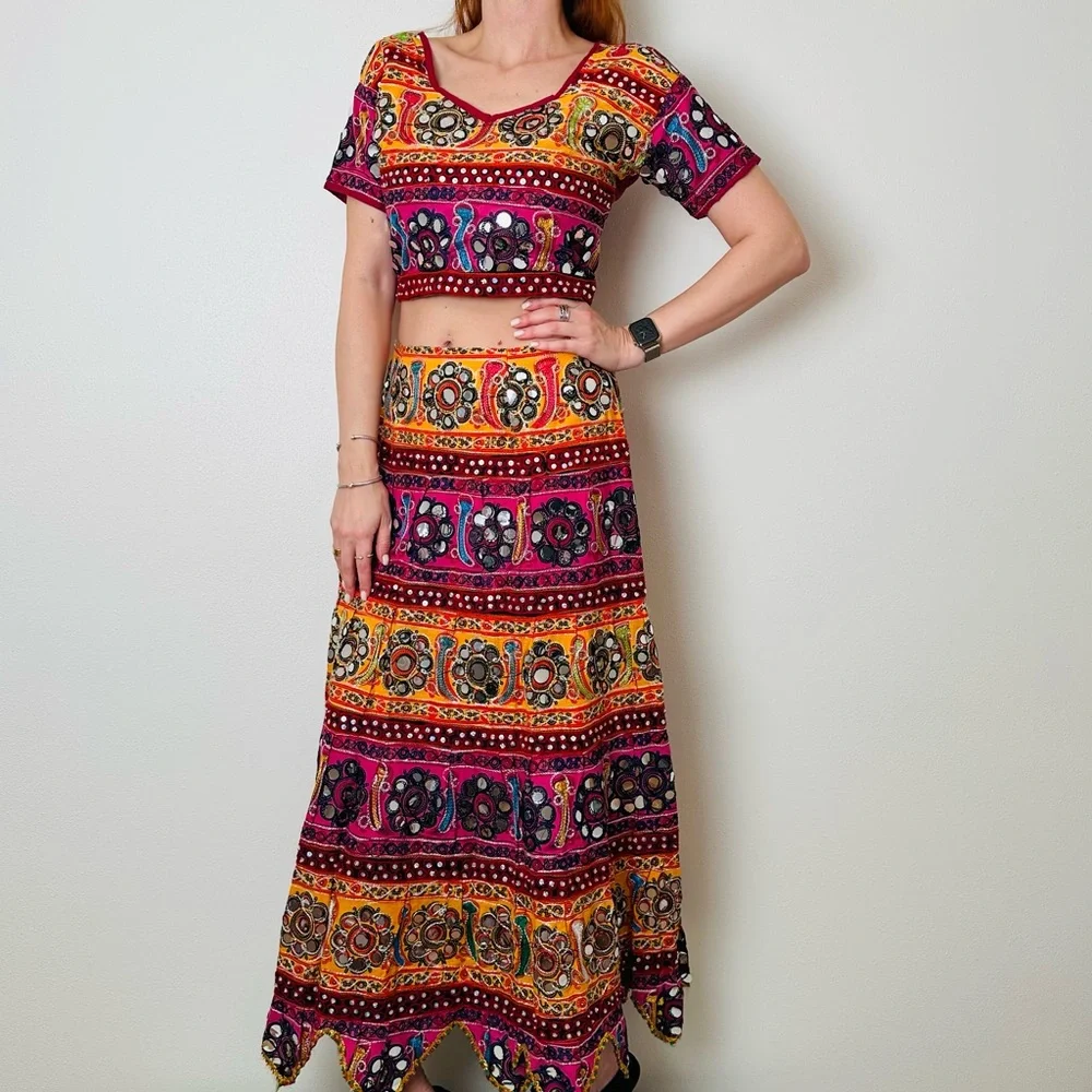 Aari Embroidered Cotton Skirt Mirror Work Indian Lehenga Choli Set Top Colorful - Picture 5 of 8